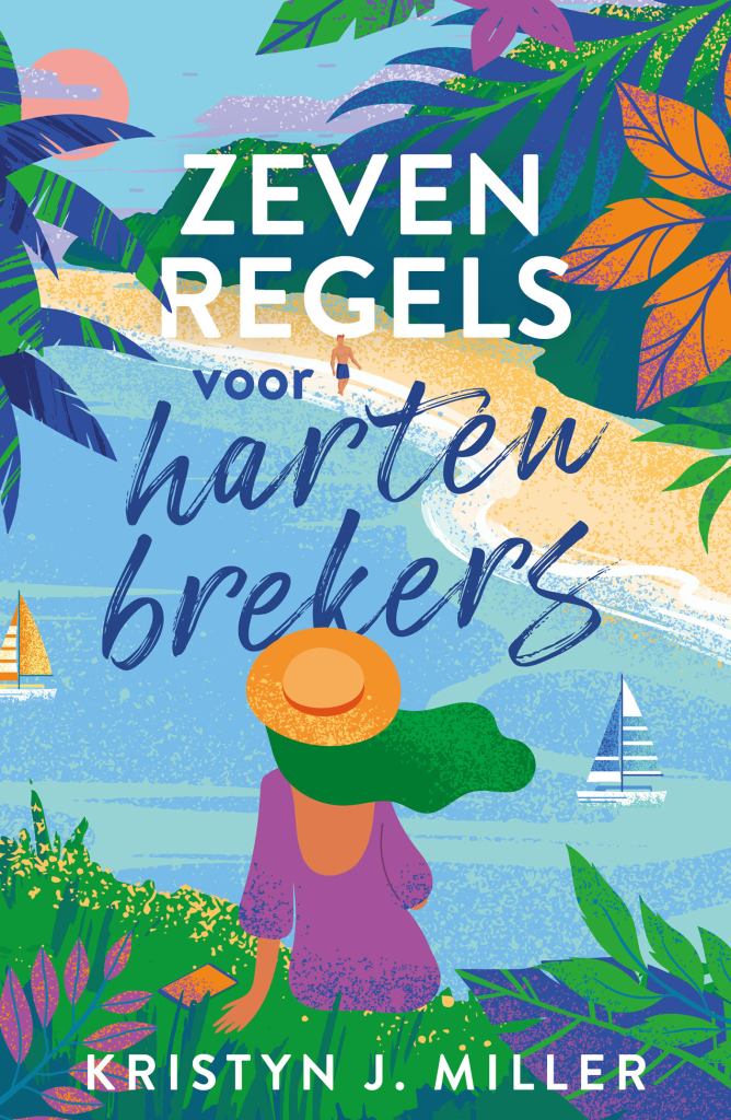 The Dutch edition of SEVEN RULES FOR BREAKING HEARTS by Kristyn J. Miller, translated as Zeven Regels voor Harten Brekers, featuring a woman sitting on a lush beach with her back to the viewer, and a red-haired man strolling along the shore in the distance