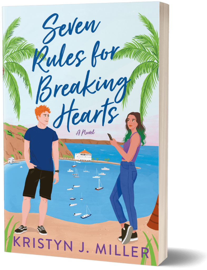The cover for SEVEN RULES FOR BREAKING HEARTS by Kristyn J. Miller, featuring a red-haired man and a woman with dyed green hair standing on a beach flanked by palm trees, with Catalina Island in the background.